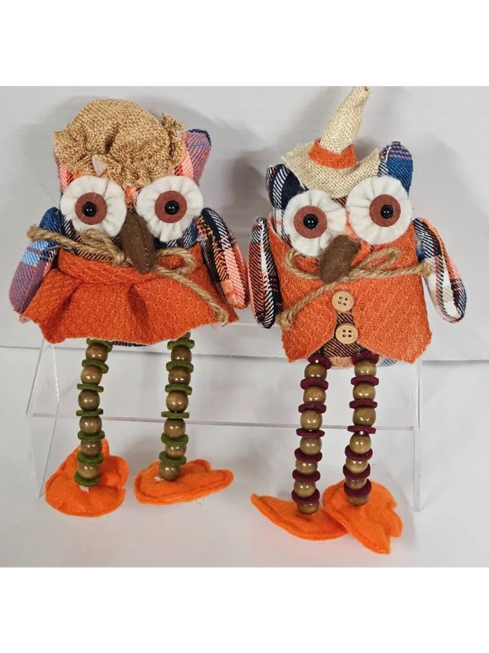 Fall Plaid Owl Shelf Sitters Set of 2 Harvest Autumn Decor with Beaded Legs